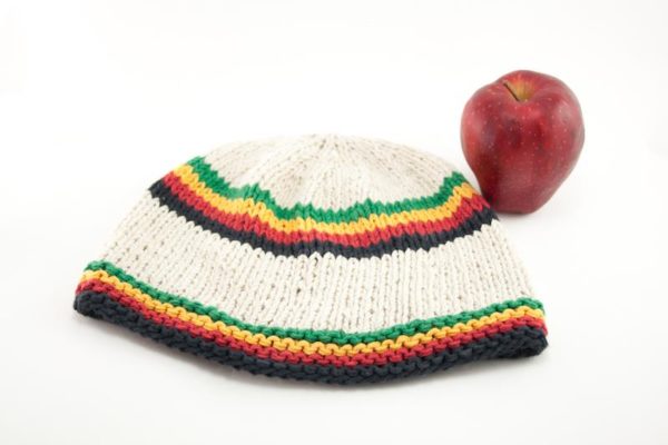 Beanie White Short Forehead and Middle Stripes Green Yellow Red Black หมวกถักราส