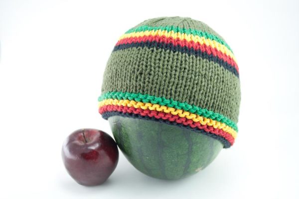 Beanie Green Short Forehead and Middle Stripes Green Yellow Red Black หมวกถักราส