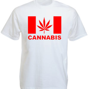 เสื้อยืดสีขาวลายธงชาติ Canada แต่เขียนคำว่า Cannabis แทน