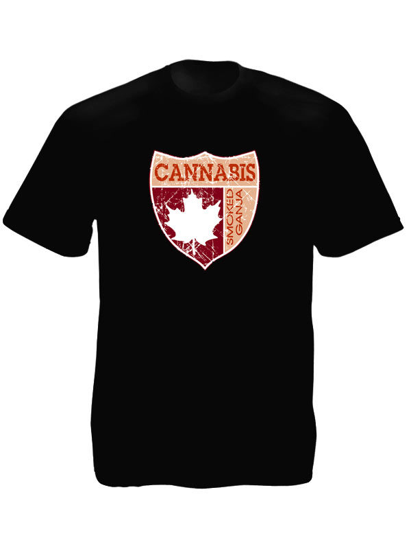 Arms of Canada Cannabis Maple Leaf Black Tee-Shirt เสื้อยืดคอกลมสีดำลายรูปธงแคนา