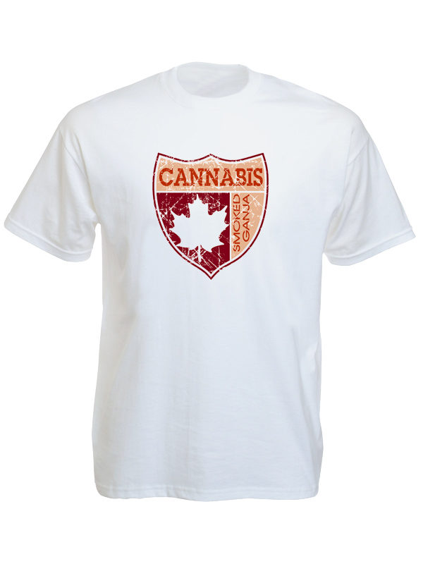 Arms of Canada Cannabis Maple Leaf White Tee-Shirt เสื้อยืดคอกลมสีขาวลายรูปธงแคน