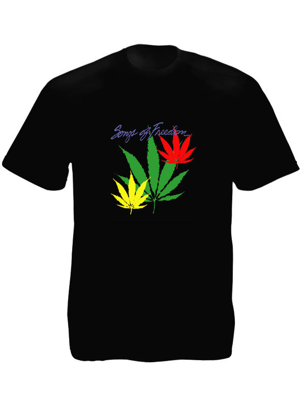 Songs of Freedom Black T-shirt Short Sleeves Marijuana Leaves เสื้อยืดสีดำลายใบก