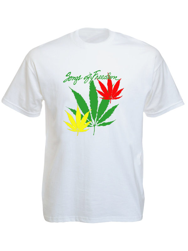 Songs of Freedom Green Yellow Red Cannabis Leaves White T-shirt Short Sleeves เส
