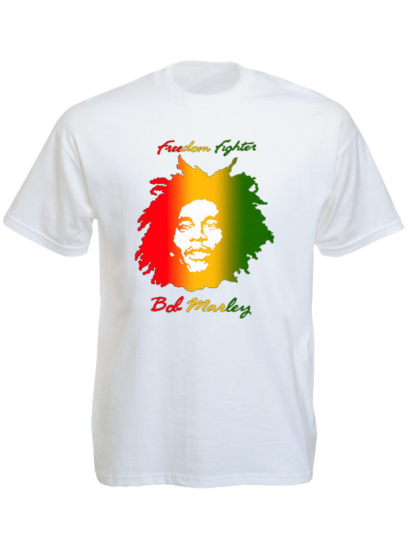 Bob Marley Freedom Fighter White Tee-Shirt เสื้อยืดสีขาวลายใบหน้า Bob Marley Fre