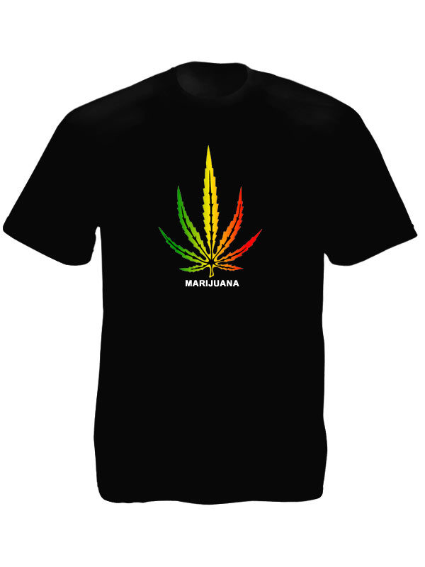Marijuana Rasta Colors Big Cannabis Leaf Black Tee-Shirt เสื้อยืดคอกลมสีดำสกรีนล