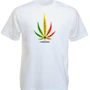 Marijuana Rasta Colors Big Cannabis Leaf White Tee-Shirt เสื้อยืดคอกลมสีขาวสกรีน
