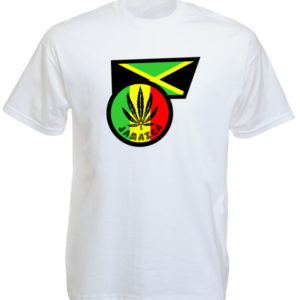 Ganja Leaf Jamaica Flag White Tee-Shirt เสื้อยืดคอกลมสีขาวลายรูปธงจาไมก้า และโลโ