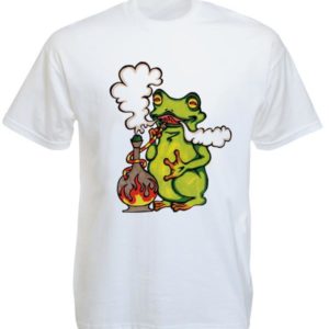 Frog Smoking Pipe White Tee-Shirt เสื้อยืดสีขาวลายตัวการ์ตูนกบใหญ่สีเขียวสูบกัญช