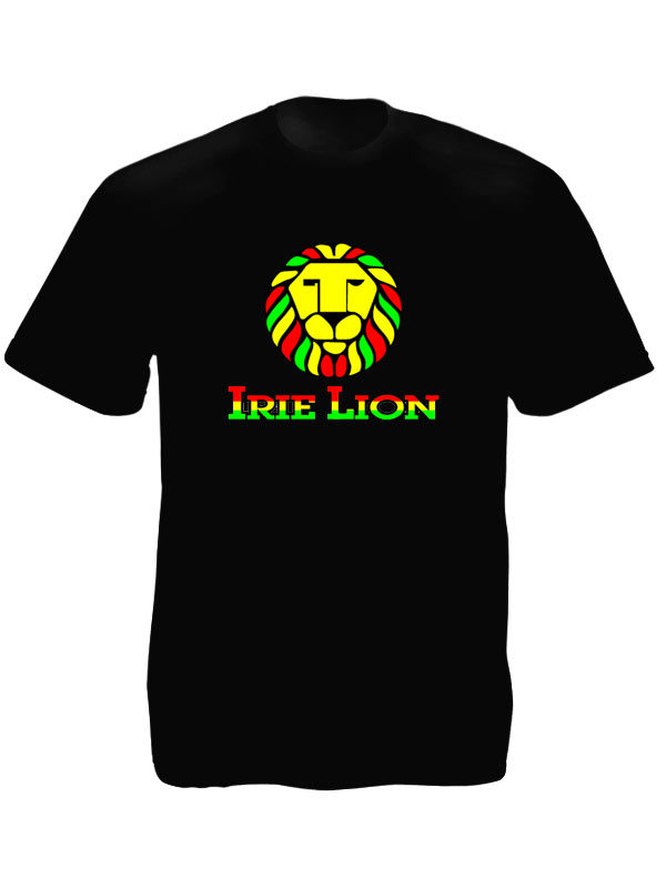 Green Yellow Red Irie Lion Black Tee-Shirt เสื้อยืดคอกลมสีดำสกรีนลายหัวสิงโตสีสั
