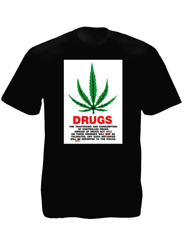 United Kingdom Drug Act 1971 Black Tee-Shirt เสื้อยืดคอกลมสีดำสกรีนลายใบกัญชาสีเ
