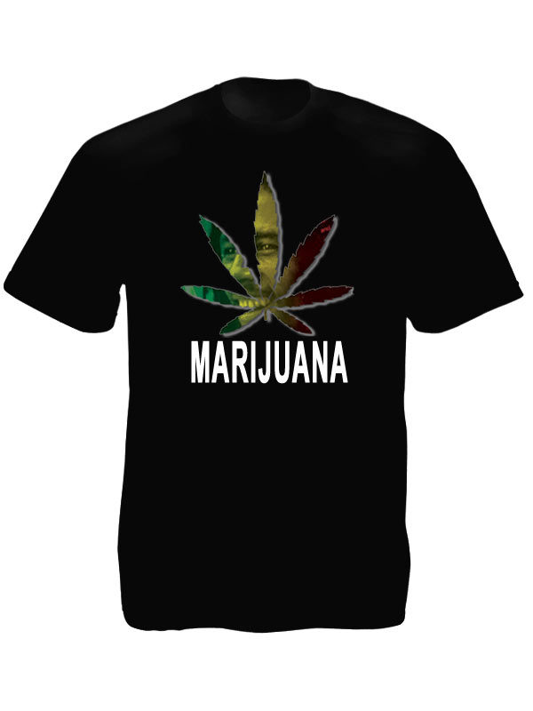 Marijuana Leaf Bob Marley Portrait Black Tee-Shirt เสื้อยืดคอกลมสีดำสกรีนลายใบกั