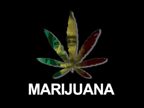 Marijuana Leaf Bob Marley Portrait Black Tee-Shirt เสื้อยืดคอกลมสีดำสกรีนลายใบกั