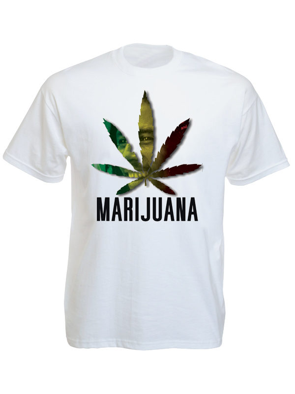 Marijuana Leaf Bob Marley Portrait White Tee-Shirt เสื้อยืดสีขาวสกรีนลายใบกัญชาม