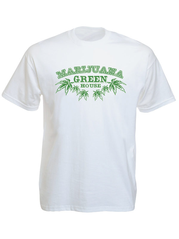 Marijuana Green House White Tee-Shirt เสื้อยืดคอกลมสีขาวลาย Marijuana Green Hous