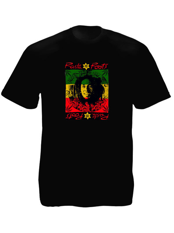 เสื้อราสต้าสีดำ ลาย Bob Marley และคำว่า Rasta Roots