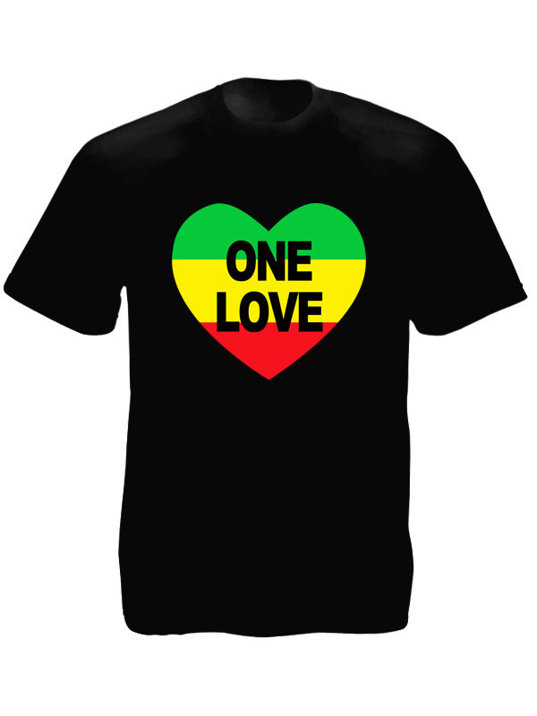 One Love Rasta Colors Heart Black Tee-Shirt เสื้อยืดสีดำลายหัวใจ One Love Rasta