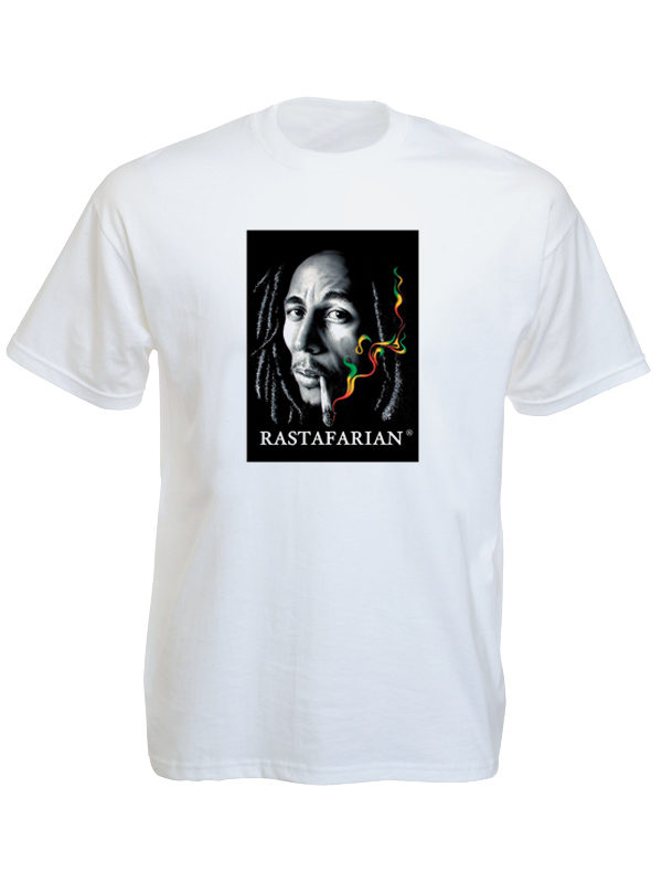 Bob Marley Rastafarian Smoking Joint White Tee-Shirt เสื้อยืดสีขาวลาย บ็อบ มาร์เ