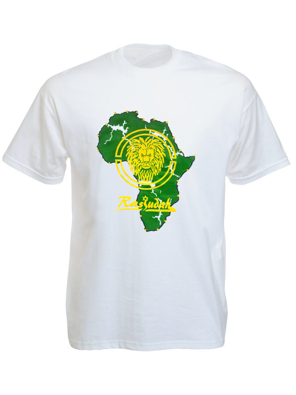 เสื้อยืดสีขาวพิมพ์ลาย Rasjudah แผนที่ Africa และสิงโต