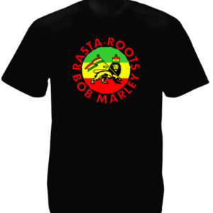 Bob Marley Rasta-Roots Black T-shirt Short Sleeves Rastafari Lion เสื้อยืดสีดำรา