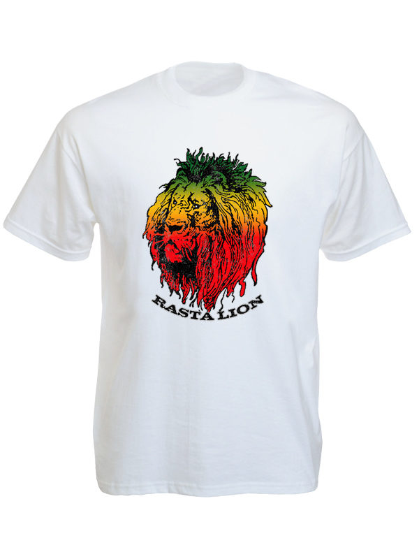 Green Yellow Red Rasta Lion Head White Tee-Shirt เสื้อยืดสีขาวลายหัวสิงโต Rasta